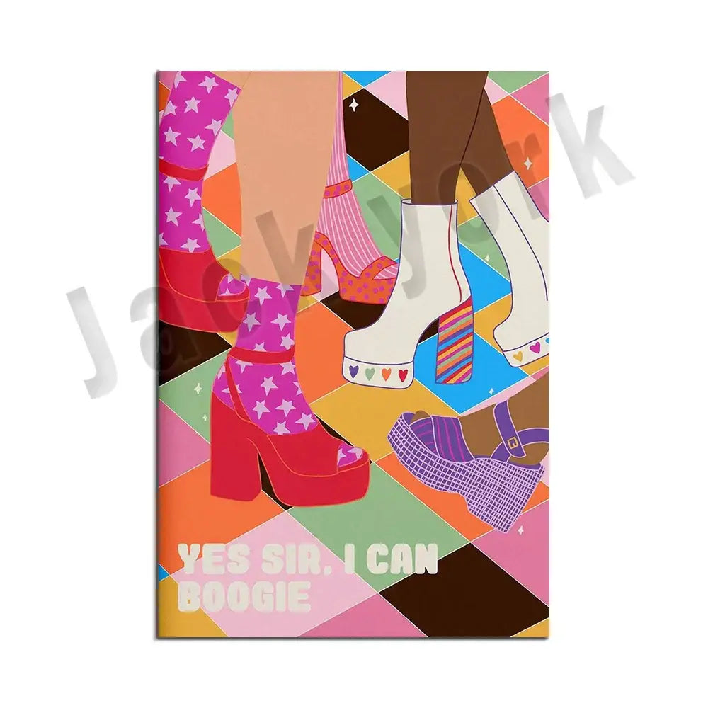 Vibrant canvas print featuring colorful platform heels and patterned socks on a geometric background for decorbites funky disco gogo wall art