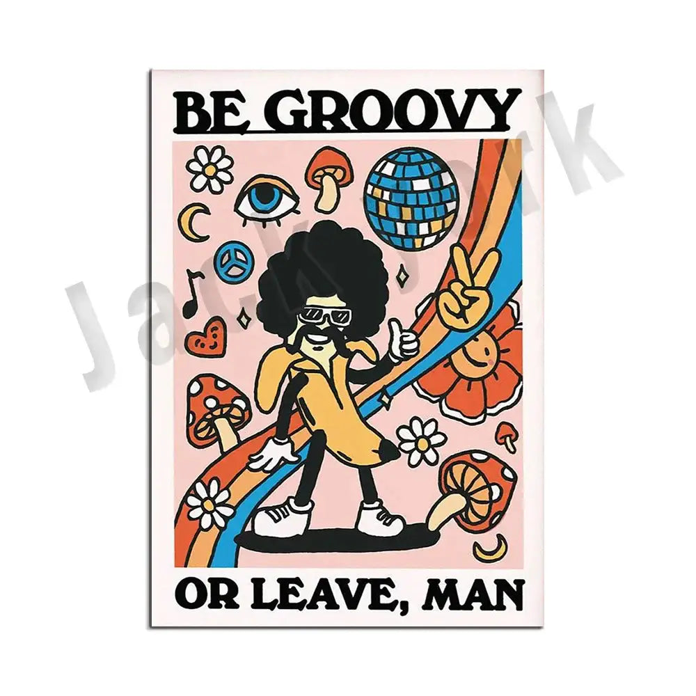 Vibrant retro-style funky disco gogo canvas print featuring a dancing afro cartoon on a rainbow path for bedroom decorbites funky disco wall art