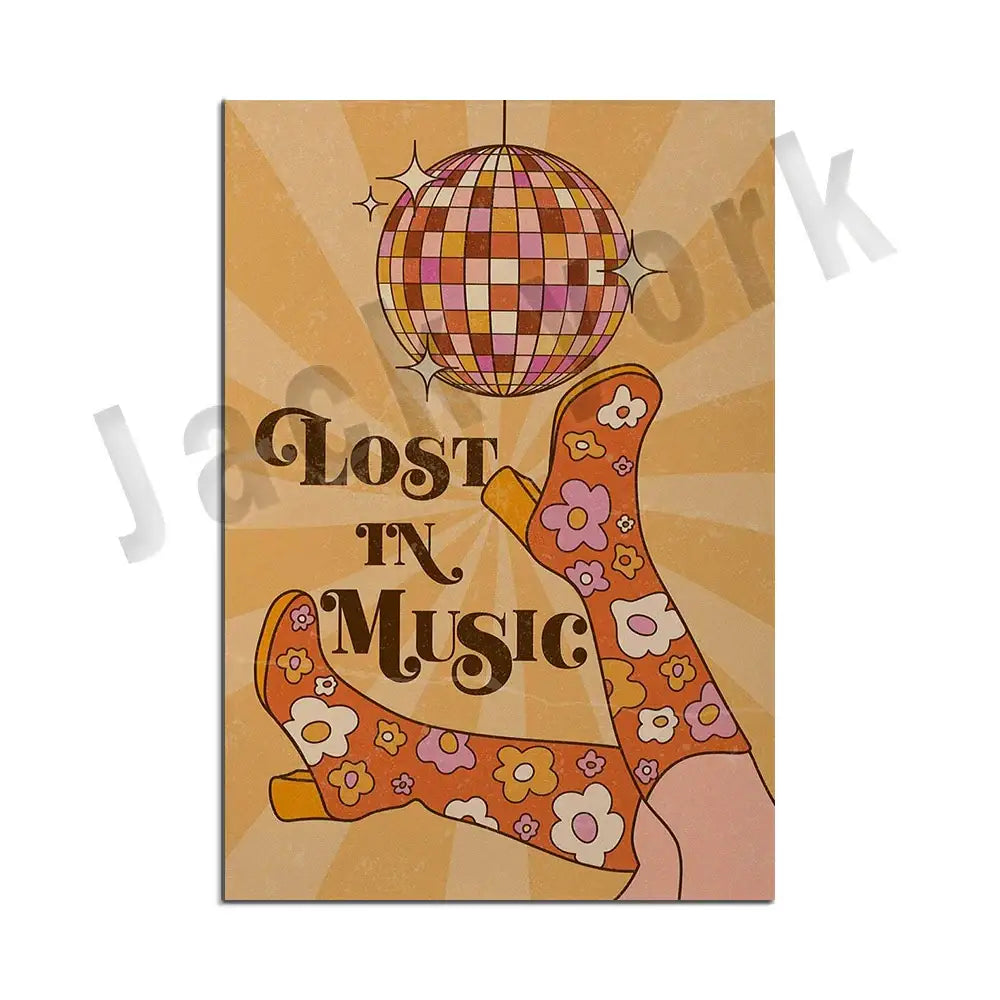 Vintage-style canvas print featuring a disco ball and floral funky disco gogo boots on an orange sunburst background