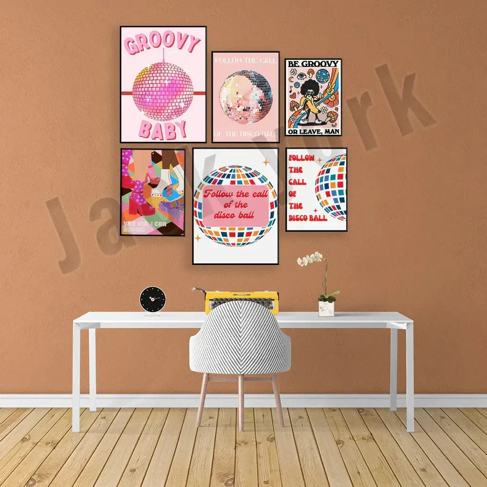 White chair with herringbone fabric and light wooden legs complementing decorbites funky disco gogo canvas print wall art