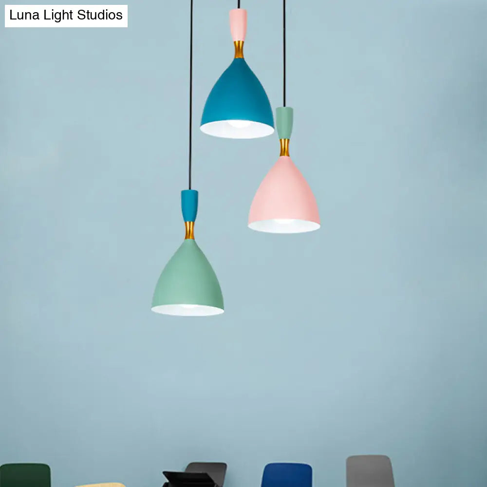 Funnel Pendant Aluminum Ceiling Lamp - Macaron Cluster, 3-Light, Loft House Suspension - Green/Pink/Blue