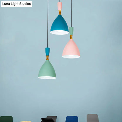 Funnel Pendant Aluminum Ceiling Lamp - Macaron Cluster, 3-Light, Loft House Suspension - Green/Pink/Blue