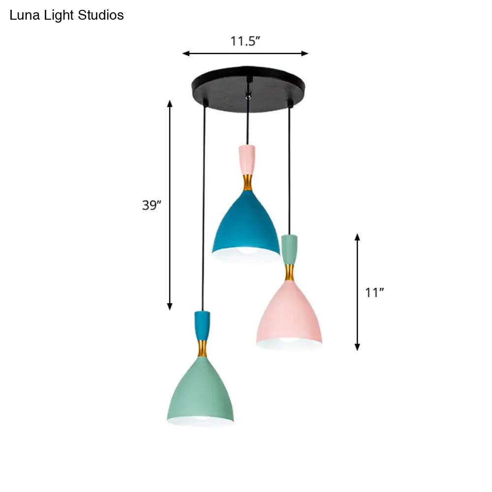 Funnel Pendant Aluminum Ceiling Lamp - Macaron Cluster, 3-Light, Loft House Suspension - Green/Pink/Blue