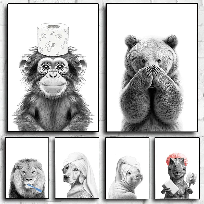 Funny Animal Bathroom Canvas Wall Art