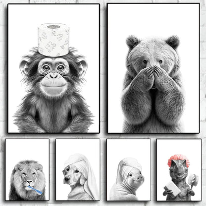 Funny Animal Bathroom Wall Art Canvas Print