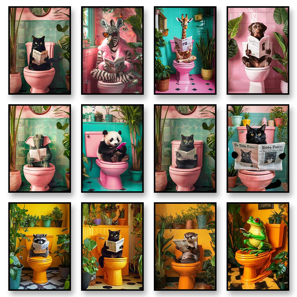 Funny Bathroom Cat Reading Canvas Wall Art - Posters