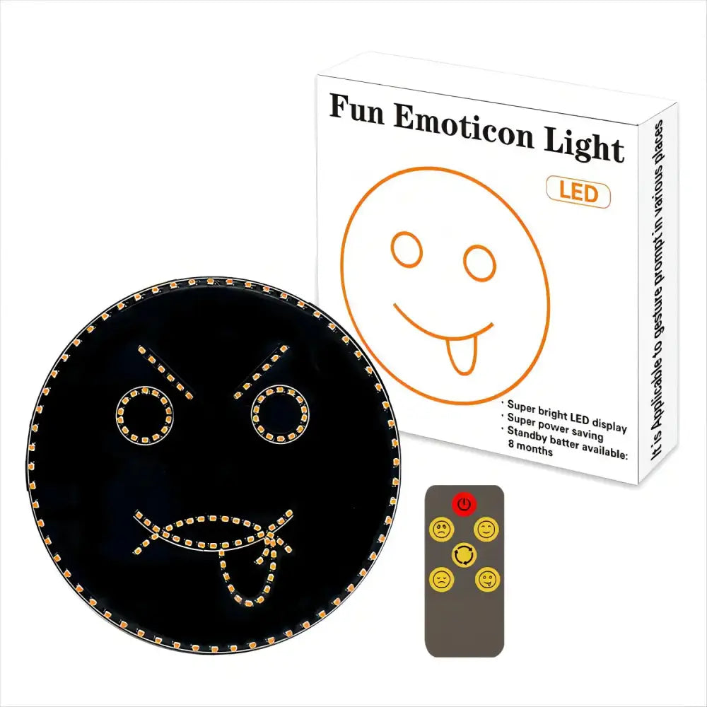Black circular led sign light with gold leds forming an angry face for car decor and funny smiley expression
