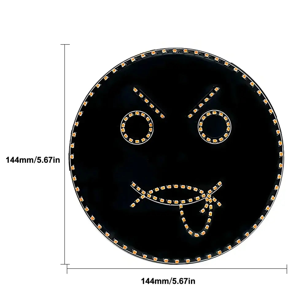 Black circular led sign light with gold-colored angry face dots for funny car decor and smiley expression