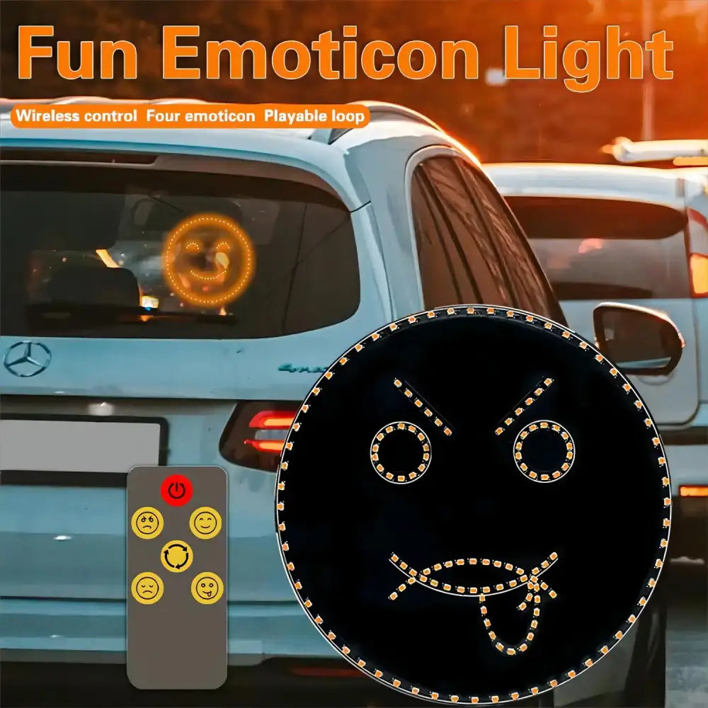 Orange led sign light with smiling face design and four expressions featuring wireless remote for car decor use