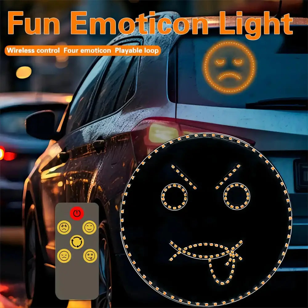 Funny black and gold smiley face led sign light with orange distressed emoticon on circular black base for car decor