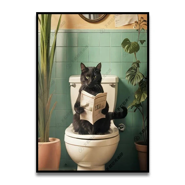 Funny Cat Bathroom Canvas Wall Art - Posters