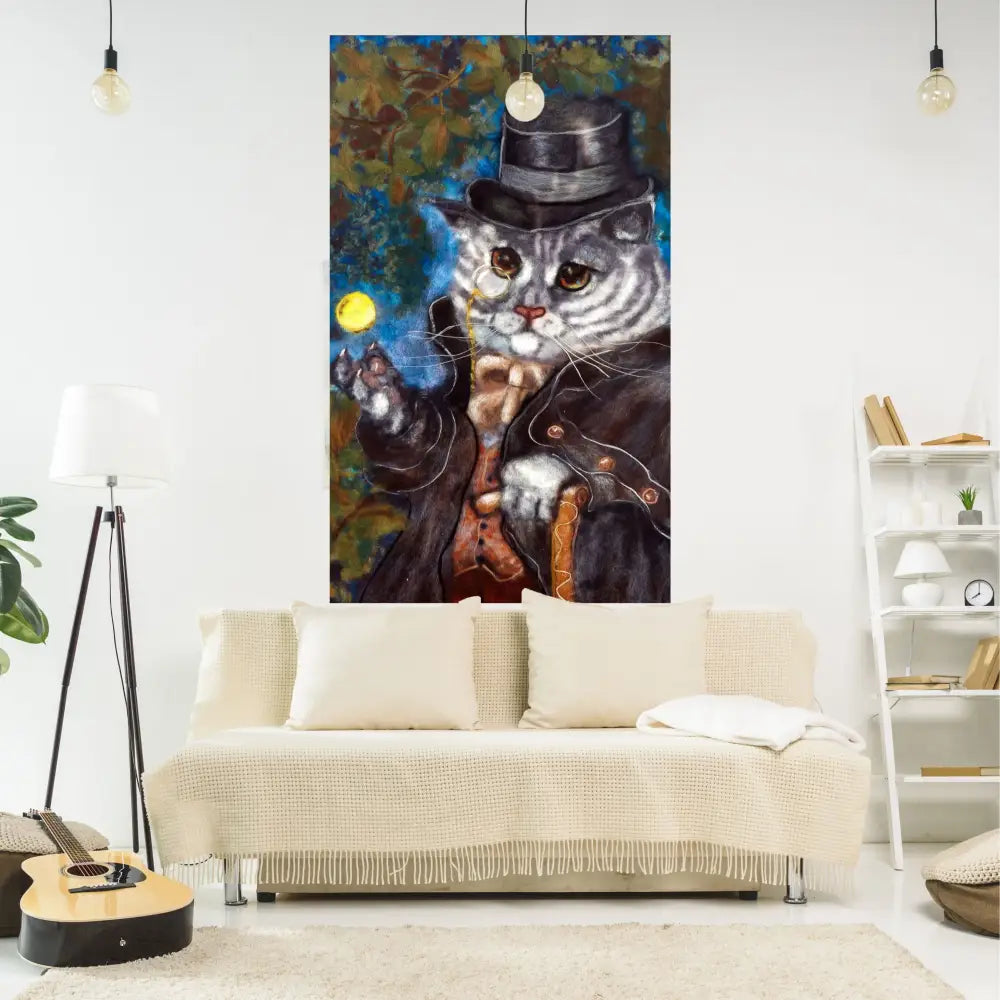 A vertically oriented wall hanging tapestry features a funny cats gray tabby in black coat holding a yellow ball decorbites funny cats