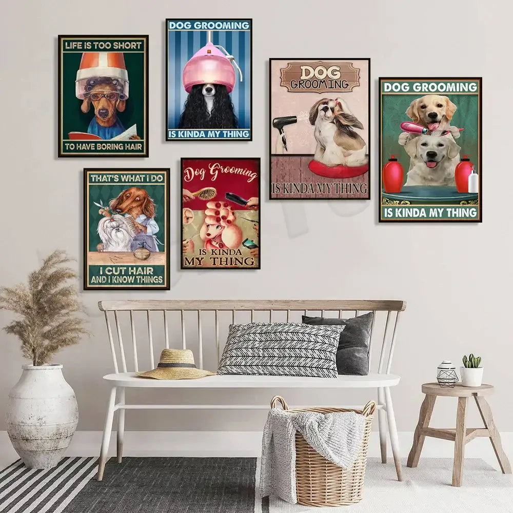 A set of six framed funny jack york canvas printings featuring dog grooming themes in a cozy living room setting