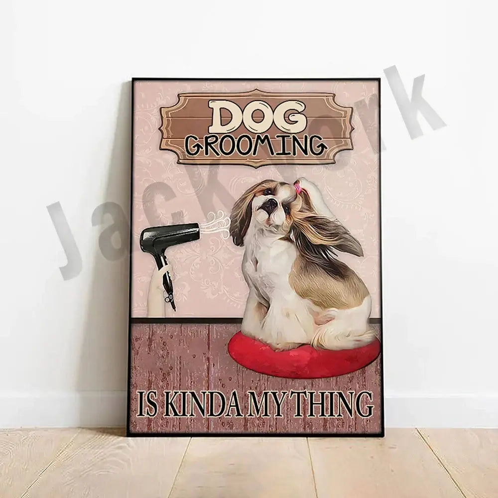 A framed jack york canvas print showing a shih tzu being groomed with a black hairdryer on pink wood background