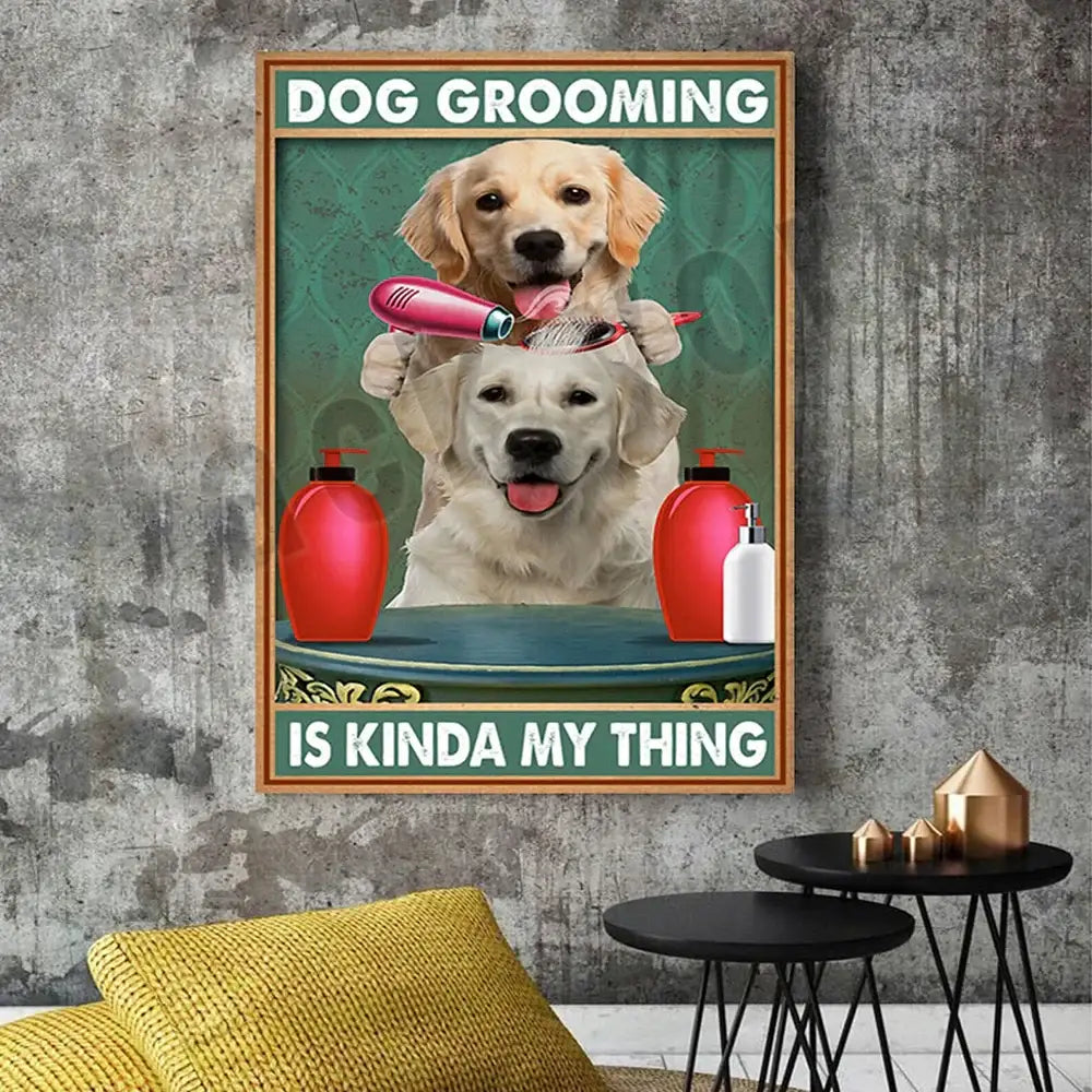 A framed jack york canvas print featuring two golden retrievers with grooming tools for humorous room decor