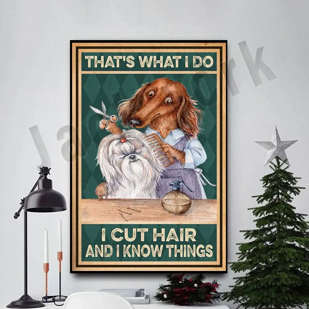 A framed funny jack york canvas print featuring a cartoon dachshund in a barber apron with grooming room decor text