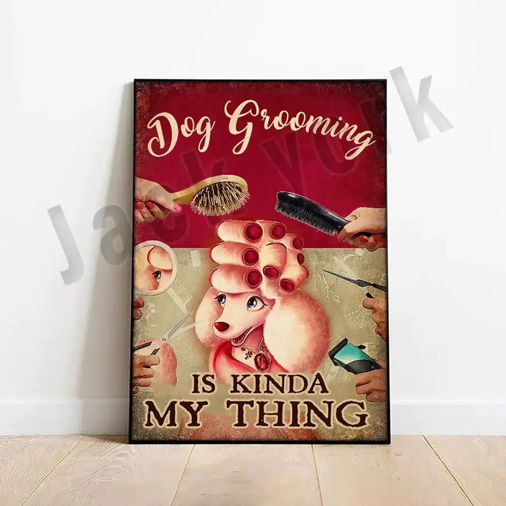 Vintage-style jack york canvas print of a pink poodle with grooming tools and text on red background for grooming decor