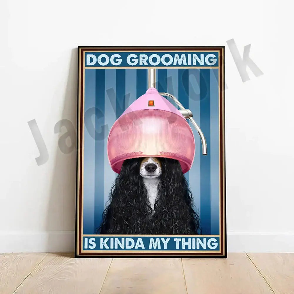 A framed jack york canvas print featuring a black and white dog with curly fur wearing a pink hair dryer hood