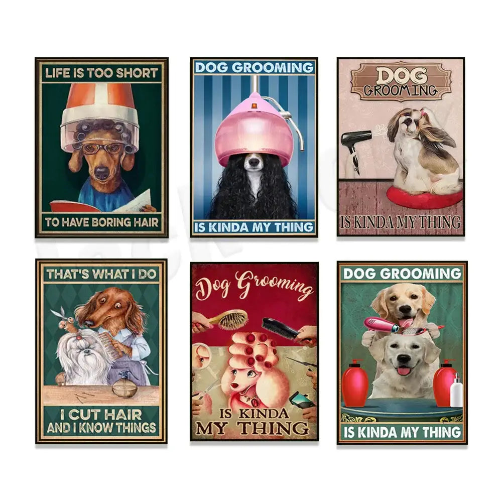 Set of six vintage-style jack york canvas printings featuring illustrated dogs with humorous grooming captions for decor