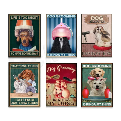 Set of six vintage-style jack york canvas printings featuring illustrated dogs with humorous grooming captions for decor