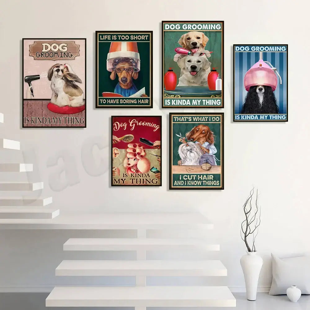 Set of six framed jack york canvas printings with humorous dog grooming-themed illustrations for grooming room decor