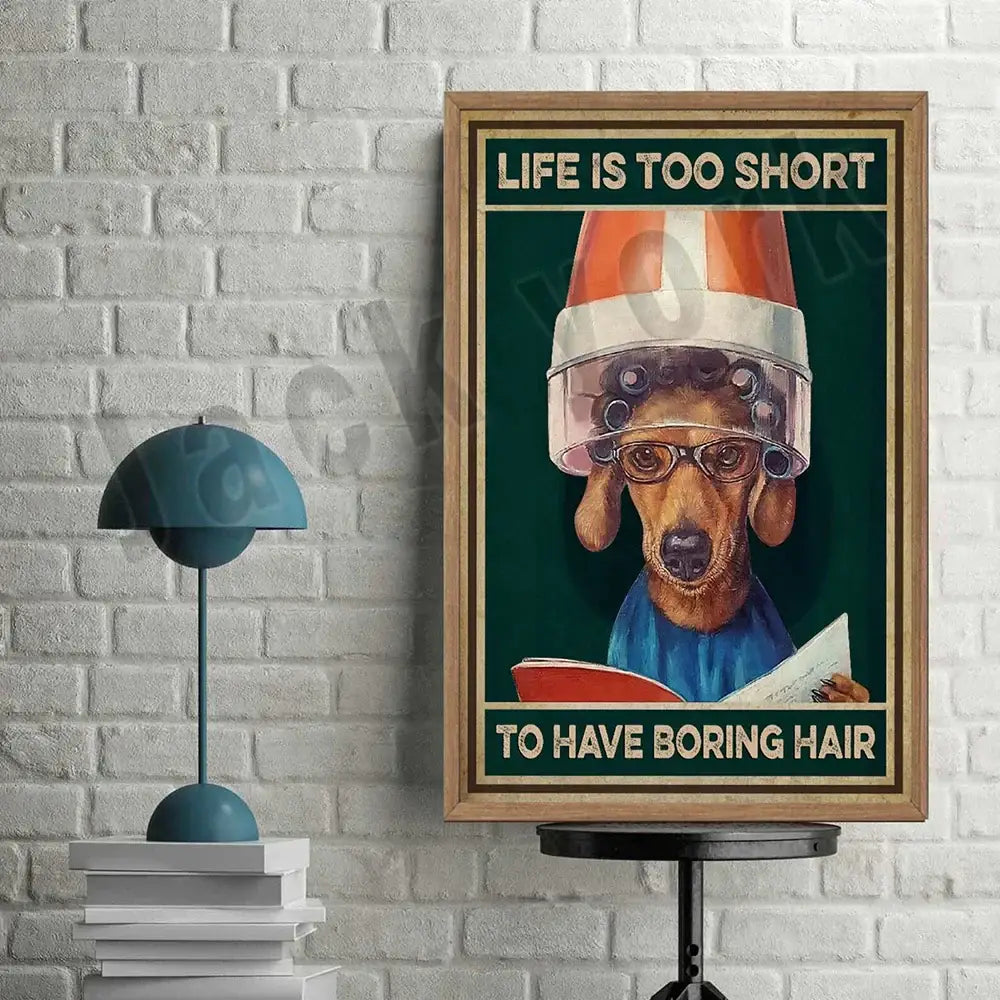 A framed jack york canvas print featuring a dachshund with curlers and glasses on dark green background