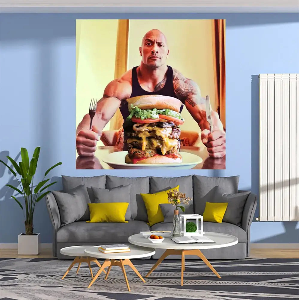 A vibrant wall hanging decor featuring dwayne johnson with a massive double cheeseburger for decorbites blueberry pancakes
