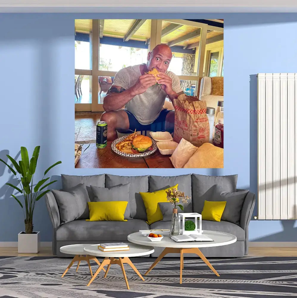 A vibrant canvas wall hanging featuring dwayne johnson eating a burger for decorbites blueberry pancakes tapestry