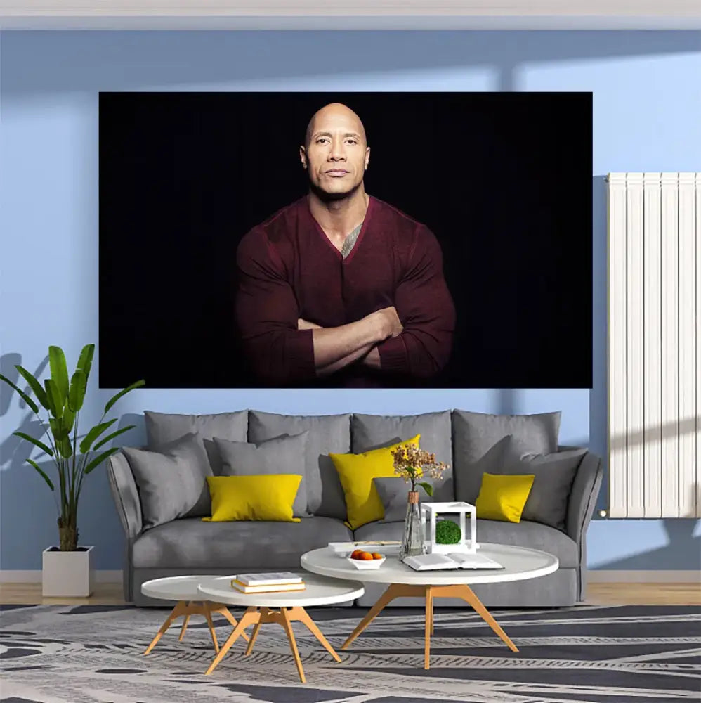 A framed portrait wall hanging of dwayne johnson in a maroon sweater for decorbites blueberry pancakes tapestry decor