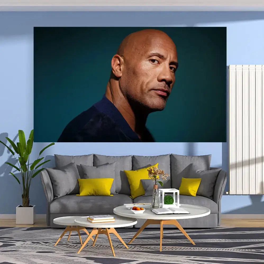 A large framed wall hanging tapestry of dwayne johnson in a dark blue shirt for decorbites blueberry pancakes decor