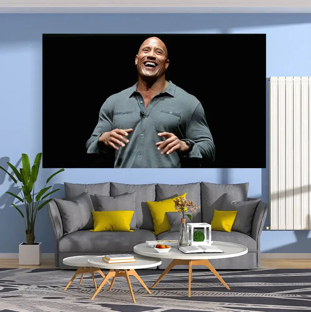 A large framed wall hanging featuring dwayne johnson in a gray shirt for decorbites blueberry pancakes tapestry decor