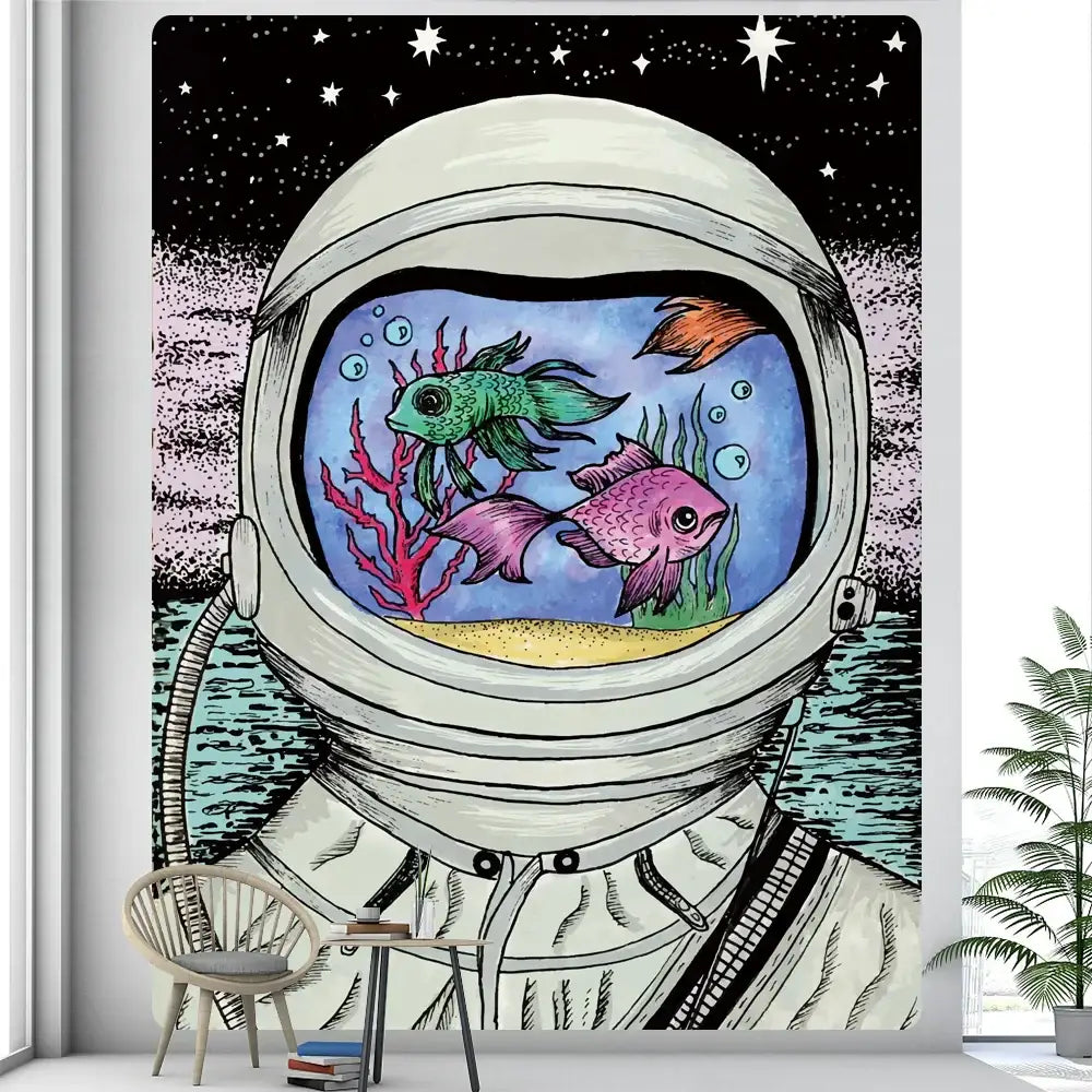 Futuristic astronaut tapestry wall hanging with orange decor featuring an astronaut helmet filled with colorful fish