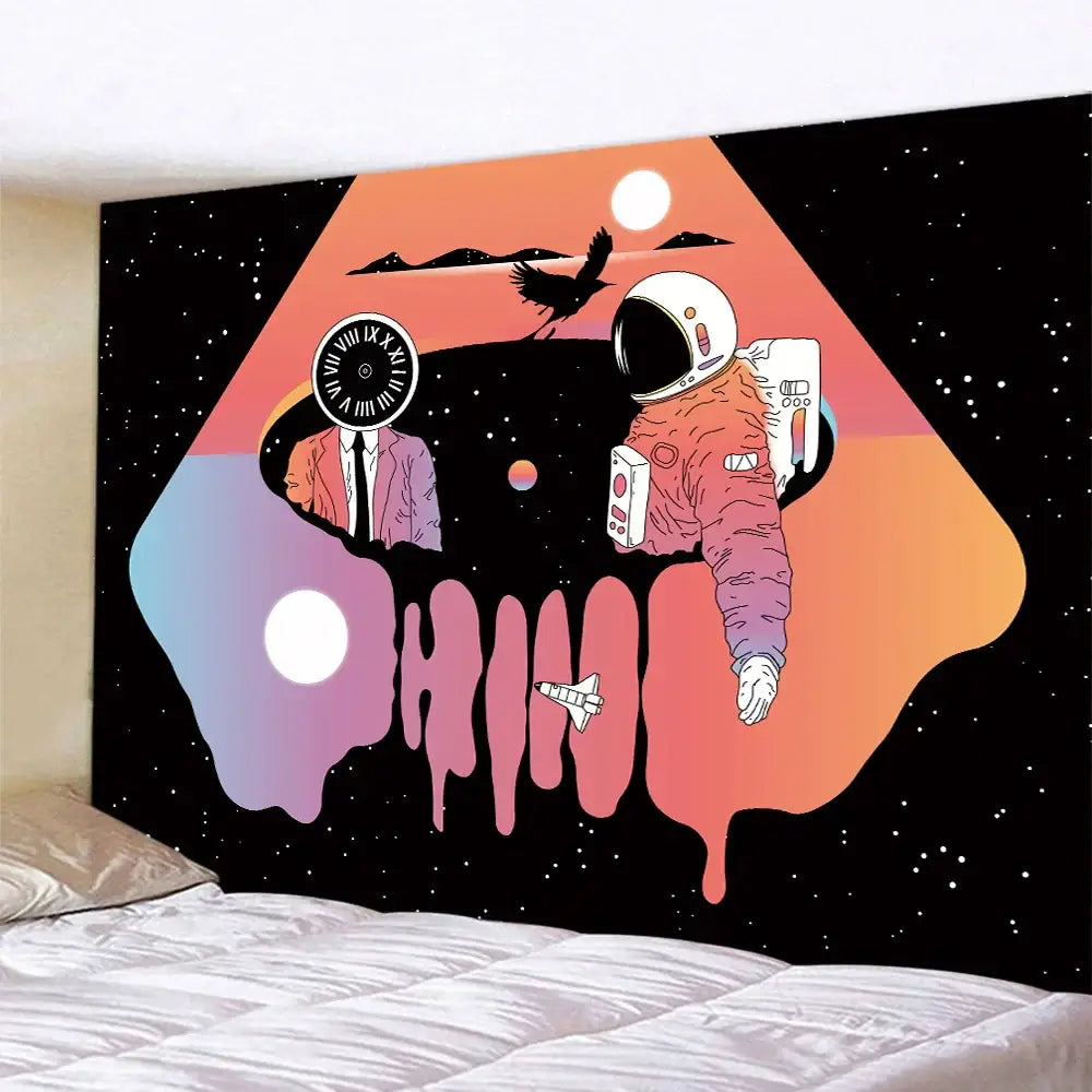 Vibrant decorbites futuristic astronaut tapestry wall hanging featuring an astronaut and clock figure in orange gradient sky