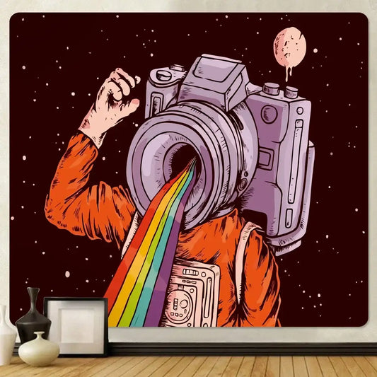 A vibrant orange futuristic astronaut tapestry wall hanging with a camera head and rainbow light on starry background