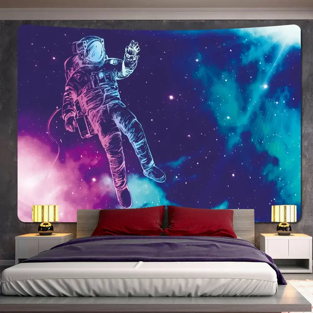 Futuristic astronaut tapestry wall hanging featuring a glowing astronaut with purple blue and teal cosmic decorbites design