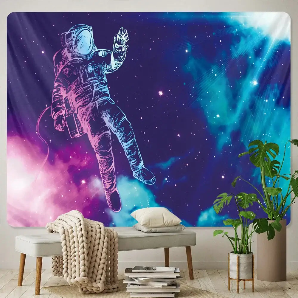 Futuristic astronaut tapestry wall hanging decorbites featuring a glowing astronaut in purple blue and pink nebulae