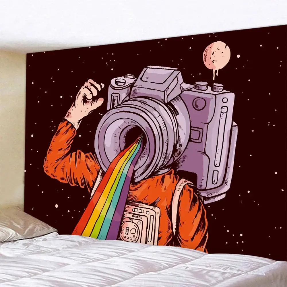A vibrant orange decorbites futuristic astronaut tapestry wall hanging with a purple camera and rainbow beam on starry black background