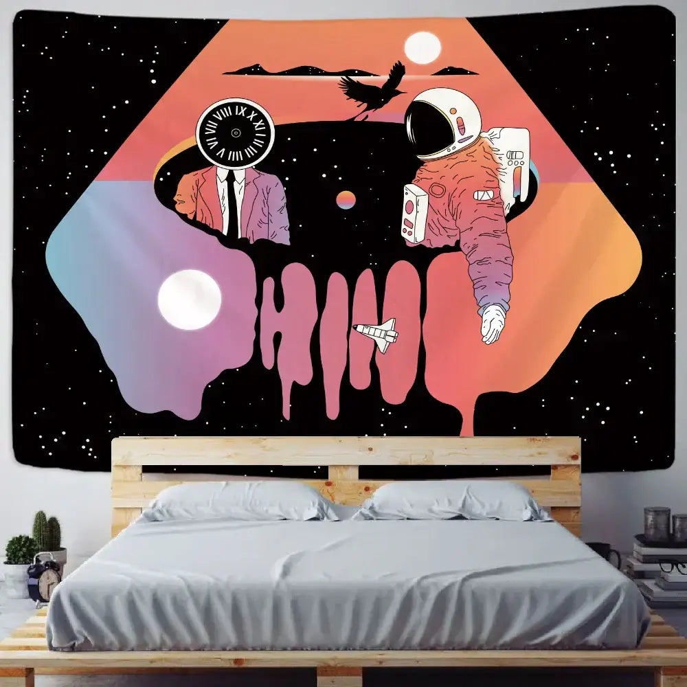 Vibrant decorbites futuristic astronaut tapestry wall hanging featuring an astronaut and clock-faced man on orange gradient sky
