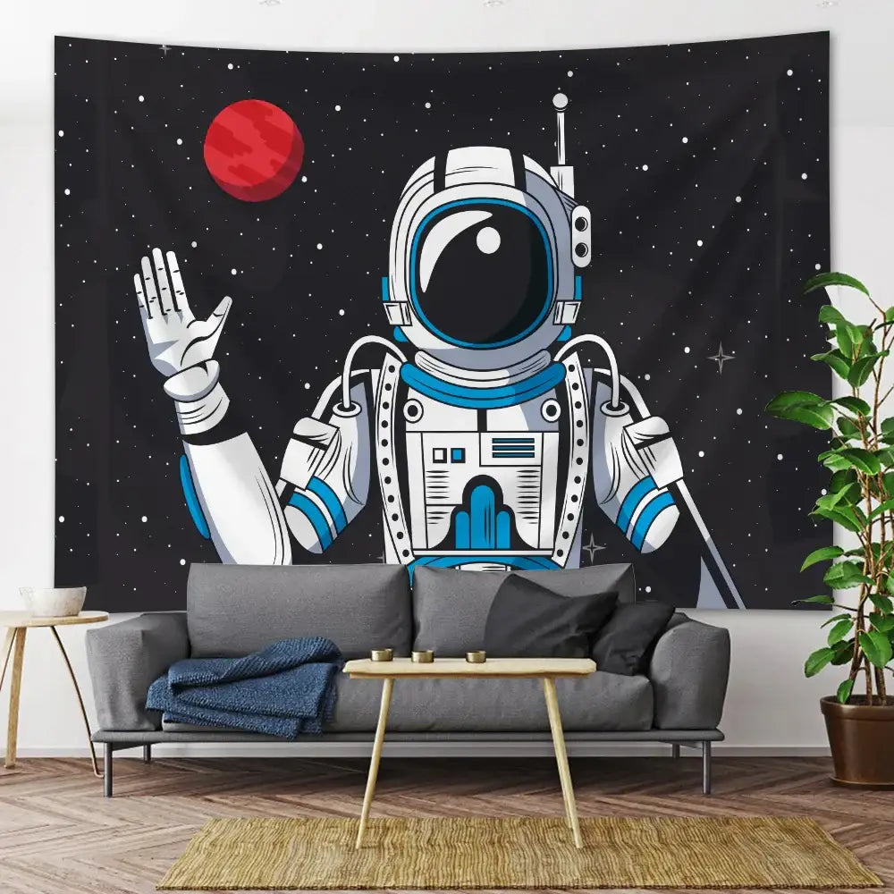 Black wall tapestry featuring a futuristic astronaut in white and blue suit waving against starry background with red planet decorbites futuristic astronaut