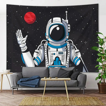 Black wall tapestry featuring a futuristic astronaut in white and blue suit waving against starry background with red planet decorbites futuristic astronaut