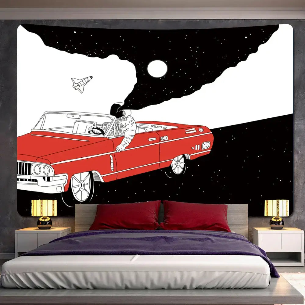 Futuristic astronaut tapestry wall hanging featuring a red convertible car with a white astronaut in space stars and moon decorbites