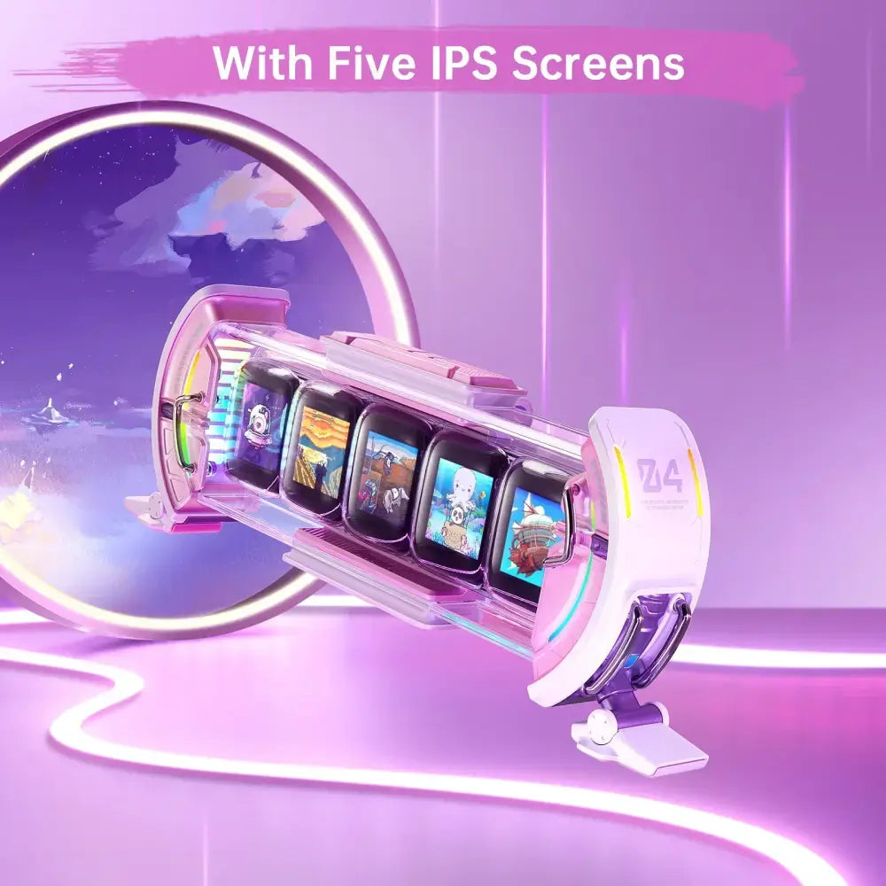 Futuristic pink and white decorbites cute gaming digital clock with five ips displays showing animated content