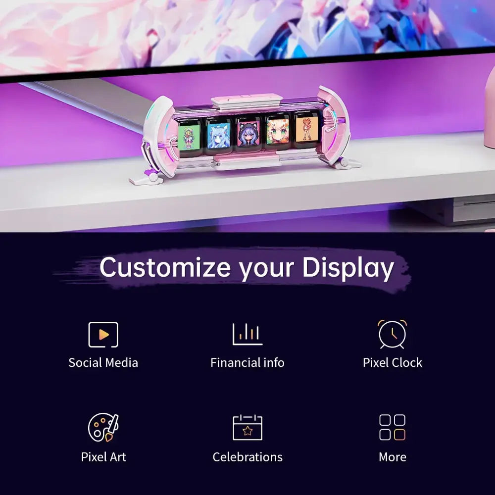 A sleek futuristic pink and white cute gaming digital clock with curved display featuring colorful anime avatars