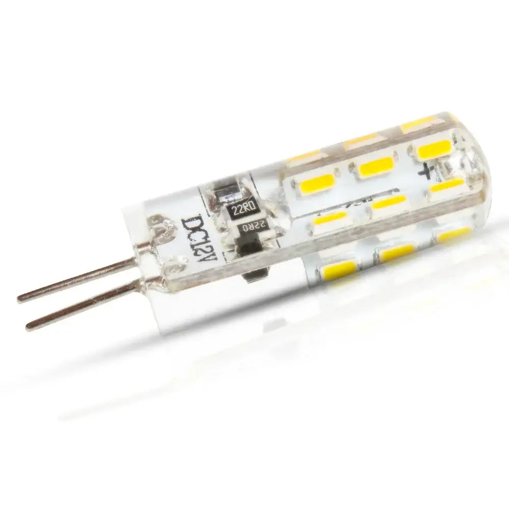 Clear glass g4 led corn lamp with multiple yellow diodes and two metal pins for warm and cold white kitchen spotlight