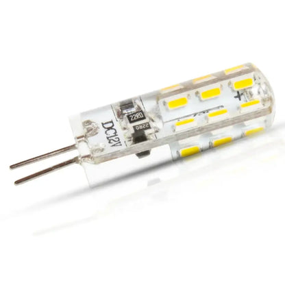 Clear glass g4 led corn lamp with multiple yellow diodes and two metal pins for warm and cold white kitchen spotlight
