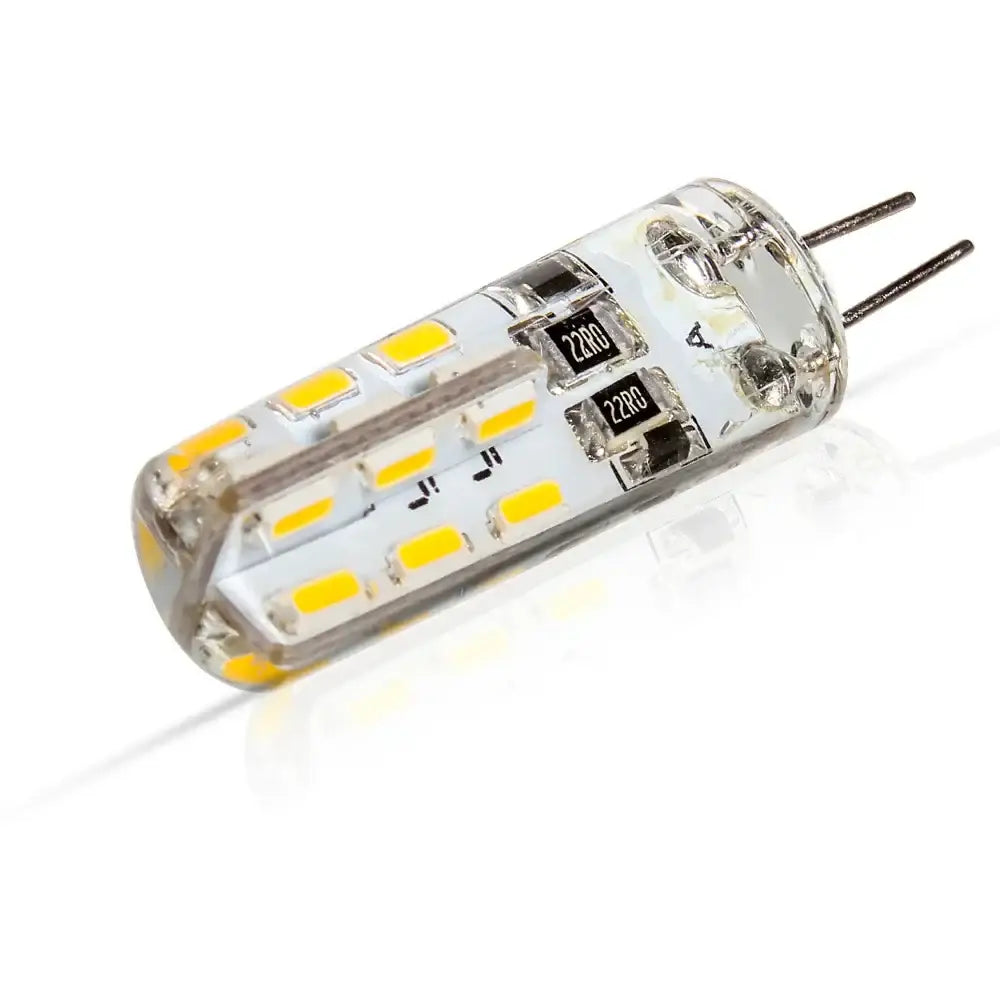 Clear glass g4 led corn lamp with multiple yellow leds and two metal pins for warm and cold white kitchen spotlight