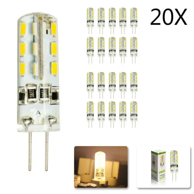 Clear glass g4 led corn lamp with yellow diodes and metallic pins designed for warm and cold white kitchen lighting