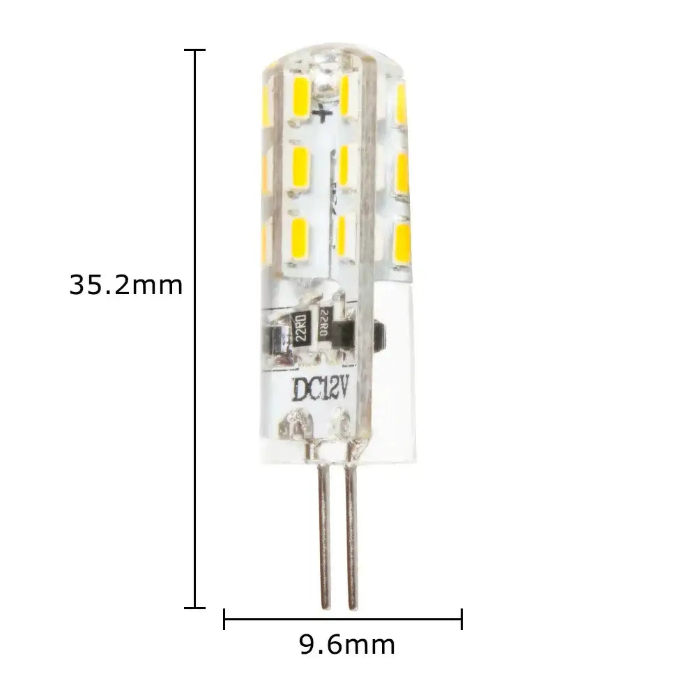 Clear glass led corn lamp with vertical yellow leds and two metal pins labeled dc12v for kitchen spotlight use