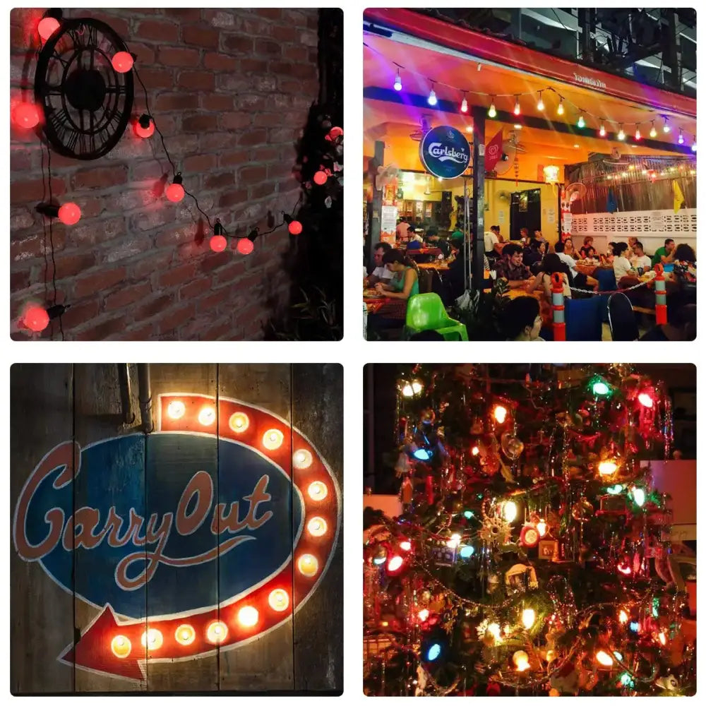 A collage showcasing decorbites g45 white string outdoor garden globe led bulbs in various settings and uses