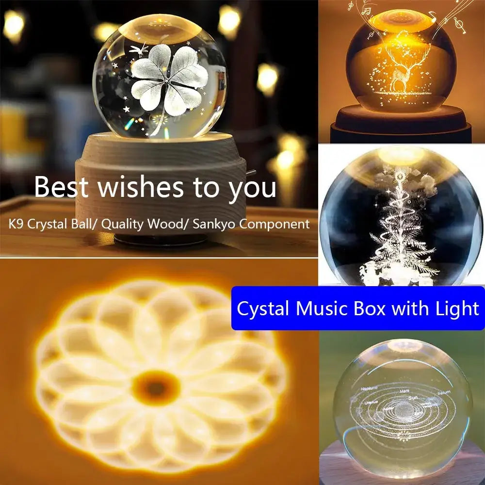 A clear illuminated crystal ball music box with laser engraved four leaf clover on wooden base for bedroom glow